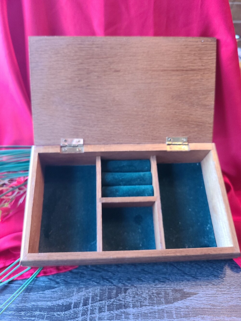Vintage Brown Wood Jewelry Box with Teal Velvet Interior